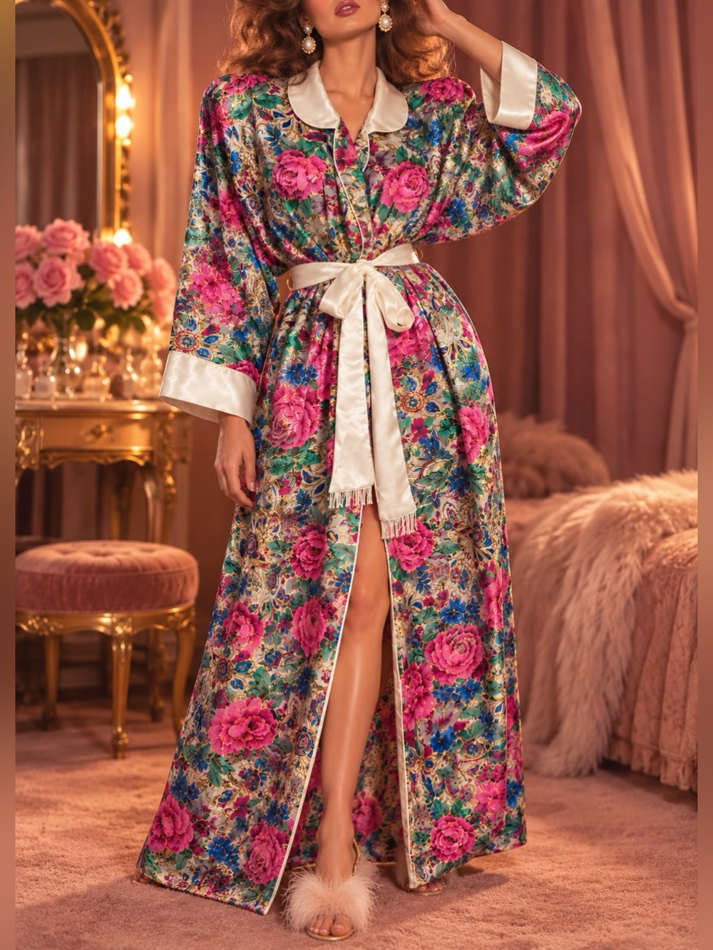 VINTAGE VICTORIA'S SECRET Gold Label Floral Satin Long Robe M/L
